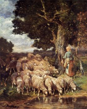 埃米爾 查爾斯 雅尅 A Shepherdess with her Flock near a Stream